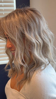 Katrina & Arlah Soriano @wearthehairsis wearing KELLY by BELLE TRESS in color COOL CHAI BLONDE-R | A balanced cool blonde with softly contrasted darker roots, a fresh twist on classic blonde tones.