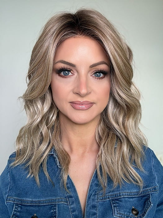 Sandy @i_be_wiggin wearing KELLY by BELLE TRESS in color BUTTERCAKE BLONDE-R | A neutral-warm blonde blend featuring light brown, ash, and lightest blonde tones with natural-looking darker roots for added depth and realism.