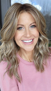 Natalie Gray @vanish.into.thin.hair wearing KELLY by BELLE TRESS in color BROWN SUGAR BLONDE-R | A warm, dimensional blend of medium brown and golden blonde highlights with natural-looking darker roots for depth and a sun-kissed finish.