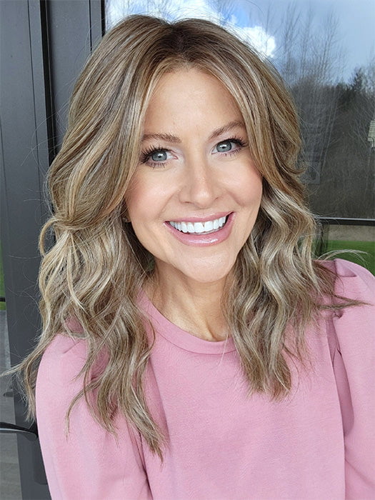 Natalie Gray @vanish.into.thin.hair wearing KELLY by BELLE TRESS in color BROWN SUGAR BLONDE-R | A warm, dimensional blend of medium brown and golden blonde highlights with natural-looking darker roots for depth and a sun-kissed finish.