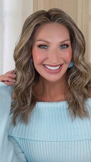 Kim Hammon @letstalkwithkim wearing KELLY by BELLE TRESS in color BROWN SUGAR BLONDE-R | A warm, dimensional blend of medium brown and golden blonde highlights with natural-looking darker roots for depth and a sun-kissed finish.