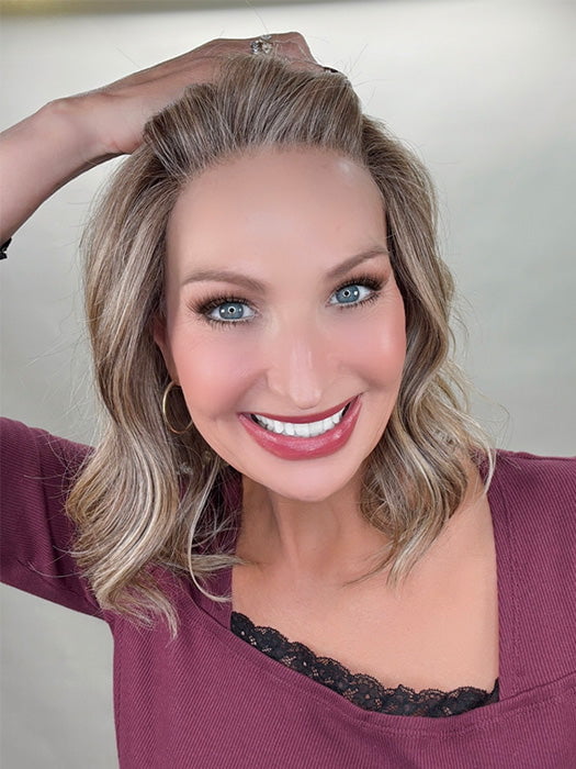 Kim Hammon @letstalkwithkim wearing HEPBURN by BELLE TRESS in color BROWN SUGAR BLONDE-R | A warm, dimensional blend of medium brown and golden blonde highlights with natural-looking darker roots for depth and a sun-kissed finish.