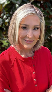 Eileen @crazywiglady is wearing KRISTI by JON RENAU in color 101/88/27S8 CATALINA BLONDE | Pale blonde with Pure White Natural Violet halo highlights, shaded medium brown