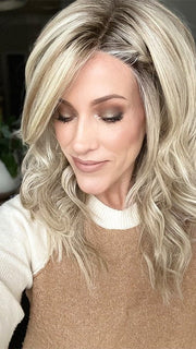 Kristyna Moore @kristynamoore wearing STROKE OF GENIUS by RAQUEL WELCH WIGS in color RL19/23SS SHADED BISCUIT | Light Ash Blonde Evenly Blended with Cool Platinum Blonde with Dark Roots