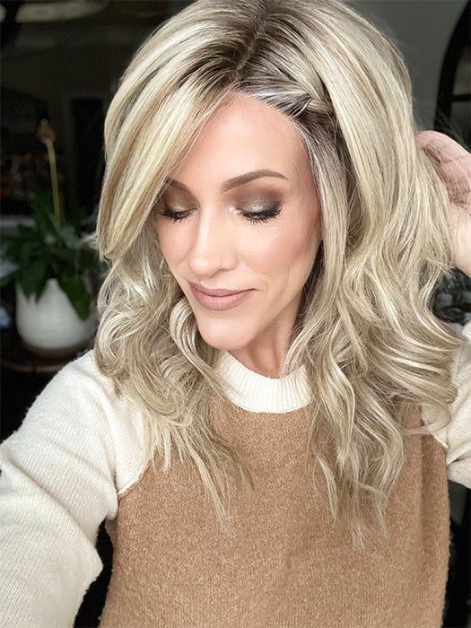 Kristyna Moore @kristynamoore wearing STROKE OF GENIUS by RAQUEL WELCH WIGS in color RL19/23SS SHADED BISCUIT | Light Ash Blonde Evenly Blended with Cool Platinum Blonde with Dark Roots