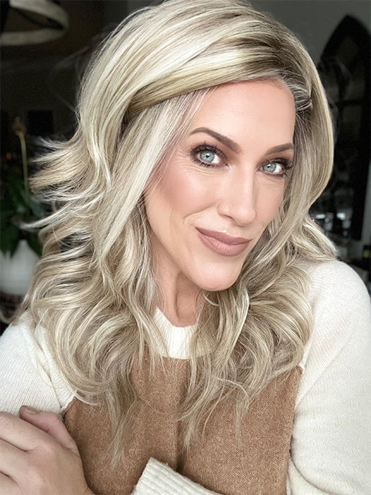 Kristyna Moore @kristynamoore wearing STROKE OF GENIUS by RAQUEL WELCH WIGS in color RL19/23SS SHADED BISCUIT | Light Ash Blonde Evenly Blended with Cool Platinum Blonde with Dark Roots