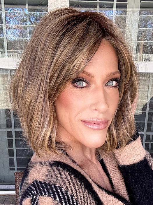 Kristyna @kristynamoore is wearing HOLLIE by JON RENAU in shade 24BT18S8 SHADED MOCHA | Medium Natural Ash Blonde & Light Natural Gold Blonde Blend, Shaded with Medium Brown