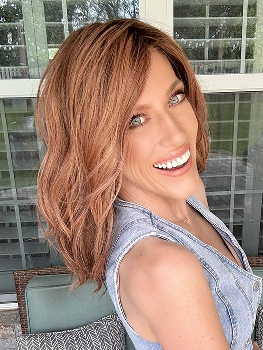 Kristyna @kristynamoore wearing TABU by ELLEN WILLE in color ROSEWOOD ROOTED | Medium Dark Brown Roots that Melt into a Mixture of Saddle Brown and Terra-Cotta Tones with Dark Roots