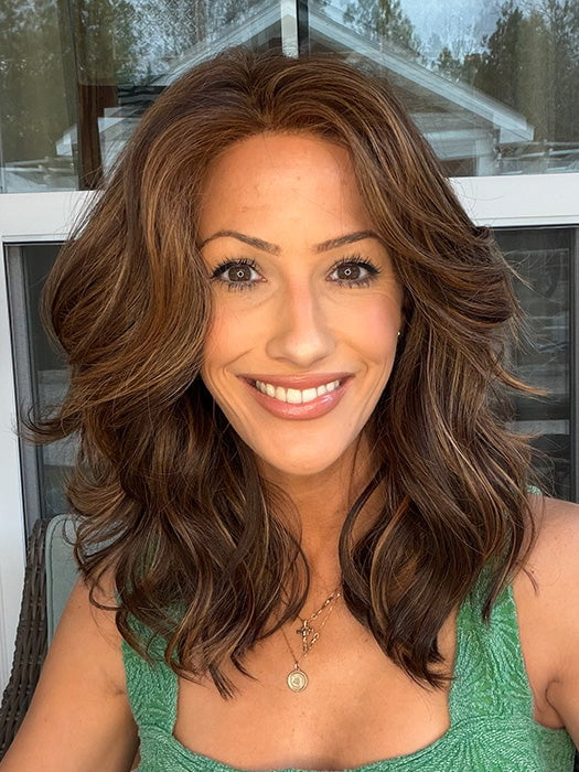 Jenna Fail @jenna_fail wearing LAGUNA BEACH by BELLE TRESS in color MOCHA MAPLE BROWN | A mix of Dark Brown, Medium Brown, Light Auburn, Medium Strawberry