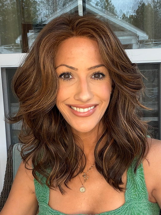 Jenna Fail @jenna_fail wearing LAGUNA BEACH by BELLE TRESS in color MOCHA MAPLE BROWN | A mix of Dark Brown, Medium Brown, Light Auburn, Medium Strawberry