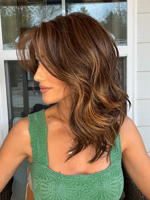 Jenna Fail @jenna_fail wearing LAGUNA BEACH by BELLE TRESS in color MOCHA MAPLE BROWN | A mix of Dark Brown, Medium Brown, Light Auburn, Medium Strawberry