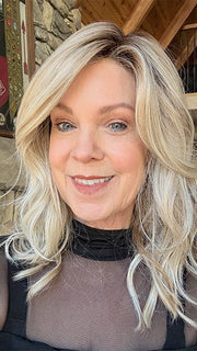 Susan @an_affair_with_hair wearing LAGUNA BEACH by BELLE TRESS in color MILKSHAKE BLONDE R | A mixture of Light Sandy Brown, Highlighted with Light Ash Blonde with a Hint of Light Platinum Blonde with a Medium Root Color
