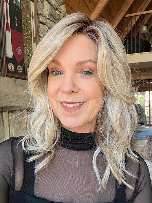 Susan @an_affair_with_hair wearing LAGUNA BEACH by BELLE TRESS in color MILKSHAKE BLONDE R | A mixture of Light Sandy Brown, Highlighted with Light Ash Blonde with a Hint of Light Platinum Blonde with a Medium Root Color