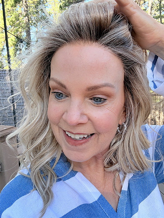 Susan @an_affair_with_hair wearing LAGUNA BEACH by BELLE TRESS in color MILKSHAKE BLONDE R | A mixture of Light Sandy Brown, Highlighted with Light Ash Blonde with a Hint of Light Platinum Blonde with a Medium Root Color