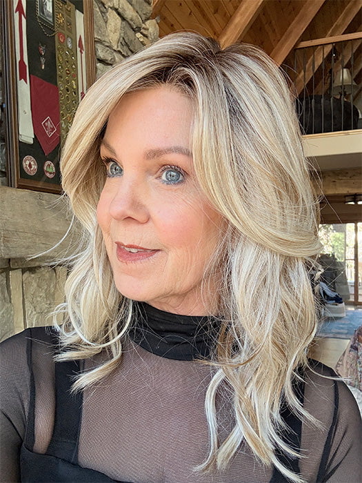 Susan @an_affair_with_hair wearing LAGUNA BEACH by BELLE TRESS in color MILKSHAKE BLONDE R | A mixture of Light Sandy Brown, Highlighted with Light Ash Blonde with a Hint of Light Platinum Blonde with a Medium Root Color