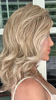 Kristyna Moore @kristynamoore wearing LAGUNA BEACH by BELLETRESS in  MILKSHAKE BLONDE R | A mixture of Light Sandy Brown, Highlighted with Light Ash Blonde with a Hint of Light Platinum Blonde with a Medium Root Color