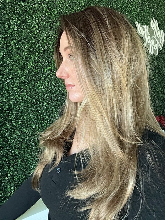 Carly N. @carlynwilson84 wearing LENNOX by RENE OF PARIS in color MOCHACCINO-LR | Longer dark root with light brown base and strawberry blonde highlights