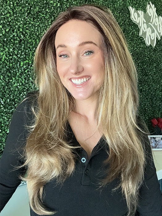 Carly N. @carlynwilson84 wearing LENNOX by RENE OF PARIS in color MOCHACCINO-LR | Longer dark root with light brown base and strawberry blonde highlights