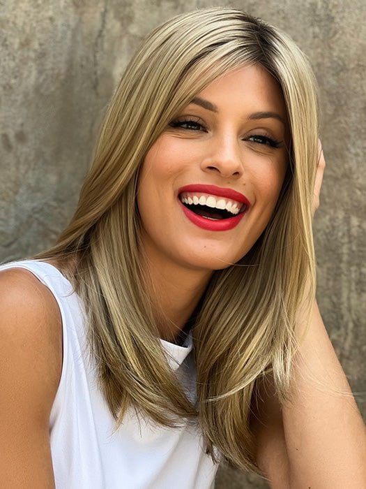 Roxie wearing LEVEL by ELLEN WILLE in SANDY BLONDE TONED 26.14 | Light Golden Blonde and Medium Ash Blonde Blend with Shaded Roots