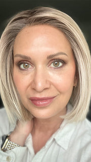 Emily Herrin @she_sheds_more is wearing LIA II by ELLEN WILLE in PEARL BLONDE ROOTED 101.24.20 | Pearl Platinum, Lightest Ash Blonde and Light Strawberry Blonde Blend with Dark Shaded Roots
