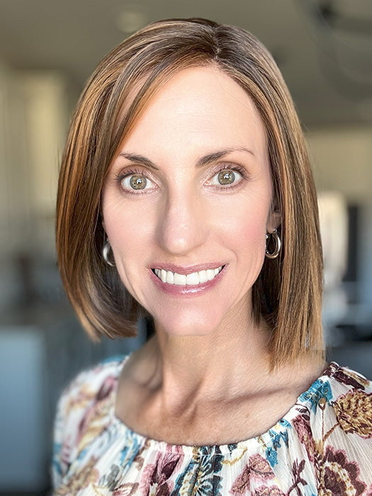 Lisa Mullins @beautifulyouwigreviews wearing LIA II by ELLEN WILLE in color CHOCOLATE ROOTED 830.6.27 | Medium Brown Blended with Light Auburn, Dark Brown and Dark Strawberry Blonde with Dark Shaded Roots