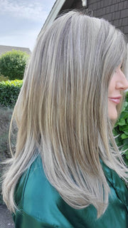 SHADE LIGHTING in COLOR | SHAKEN OATMILK BLONDE R | A Medium and Light Brown Base with Cool and Neutral Blonde, and Light Blonde Highlights with a Medium Brown Root