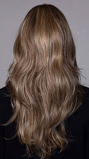 Model is wearing LILLY in BROWN SUGAR SWEET CREAM | Multi-Dimensional Cool Medium Brown Base with Soft Creamy Blonde Highlights and Pale Ash Brown Lowlights (Not offered in this color. For illustration purposes only.)