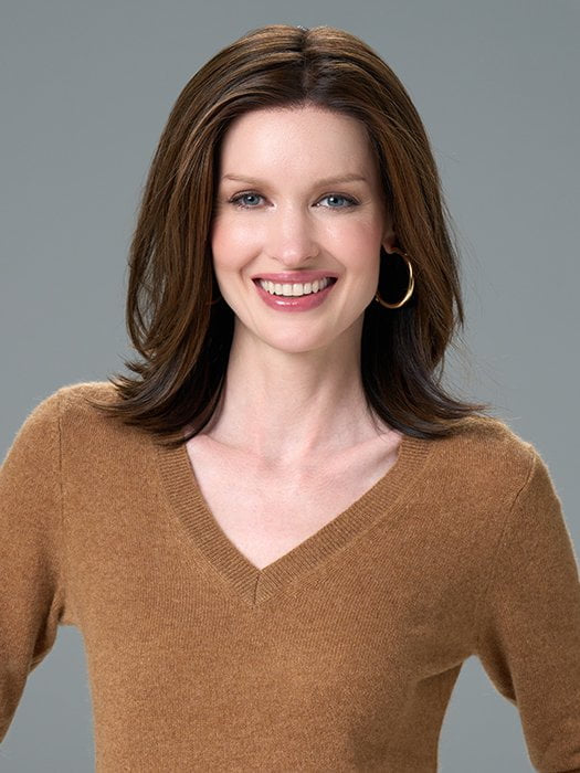 Model wearing LISA by ENVY in ESPRESSO | A cool, Multi-Dimensional Medium Brown with Darker Brown Roots