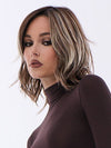 Model is wearing LORYN in SNOWY UMBER R | | Medium Ginger Brown base with White Blond highlights