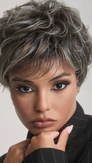 LUCA by Rene of Paris in TRUFFLE RIBBON R | Off-Black base with Warm Medium Brown and Silver highlights. The Dark Brown Root creates a naturally dimensional appearance