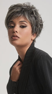 TRUFFLE RIBBON R | Off-Black base with Warm Medium Brown and Silver highlights. The Dark Brown Root creates a naturally dimensional appearance