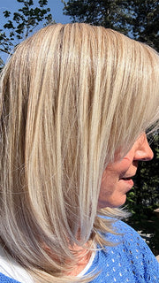 Susan Sparks @sparkles_intheworld wearing LUNA by ELLEN WILLE in color LIGHT-CHAMPAGNE-SHADED 101.23.20 | Lightest Neutral Blonde with Light Blonde and Silver White blend with light shaded roots