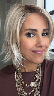 Lorena C. @faux.hurr.lifee wearing MADISON by BELLE TRESS in color CRUSHED ALMOND BLONDE R | A soft Neutral Light Blonde with a Light and Medium Blended Root Color