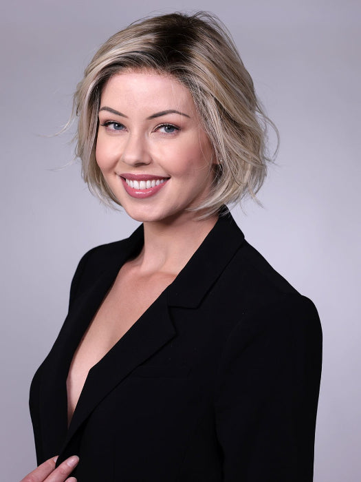 Model is wearing CRUSHED ALMOND BLONDE R | A soft Neutral Light Blonde with a Light and Medium Blended Root Color