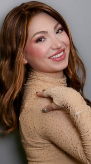 Maha wearing RACHEL LITE by Jon Renau in 6F27 CARAMEL RIBBON | Brown with Light Red-Gold Blonde Highlights & Tips