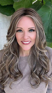 Marcie M. @wig.obsessed wearing MODEL MODE by RAQUEL WELCH in color RL12/22SS SHADED CAPPUCCINO | Light Golden Brown Evenly Blended with Cool Platinum Blonde Highlights with Dark Roots 