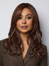 Model is wearing MARGO in color GLAZED AUBURN R | Stunning fusion of deep red, medium copper, and dark chocolate root.