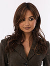 Model is wearing MARGO in color GLAZED AUBURN R | Stunning fusion of deep red, medium copper, and dark chocolate root.