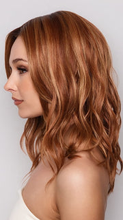 MAUDE by Amore in color RUSTY-SUNRISE-R | Dark brown roots transition into a deep auburn tone with light copper blonde highlights for depth and dimension.