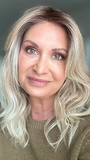 Emily H. @she_sheds_more wearing MAUDE by RENE OF PARIS in color MELTED-SAND | Rich, warm brown root melts into the neutral blond tone. Light-beige blond ends complete this stunning color.