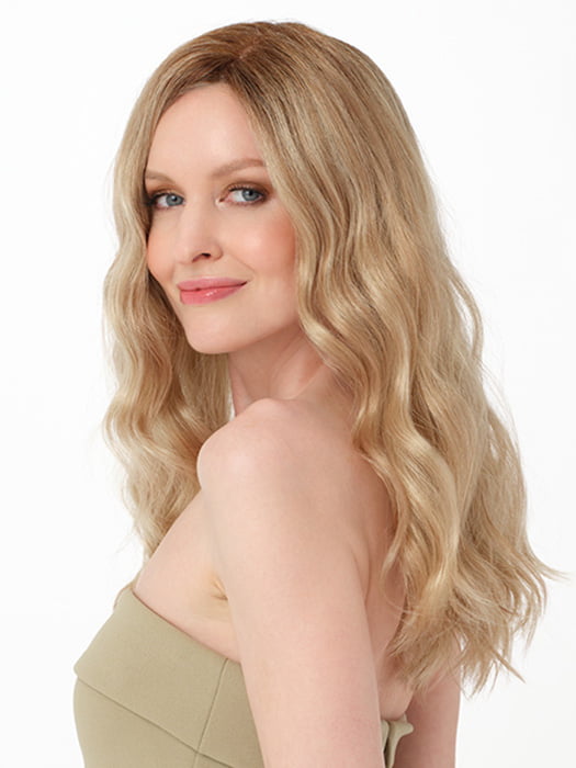 MAYA by ENVY in color CHAMPAGNE SHADOW | Soft Dark Blonde with Platinum Highlights and Chestnut Roots