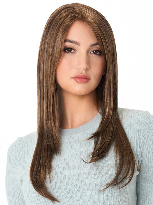 Model is wearing MCKENZIE by ENVY in color CHOCOLATE-CARAMEL | Medium Brown with Soft Red and Blonde highlights