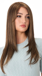 Model is wearing MCKENZIE by ENVY in color CHOCOLATE-CARAMEL | Medium Brown with Soft Red and Blonde highlights