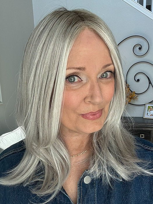 Mel B. @mels.be.ageless wearing NOBLESSE by ELLEN WILLE in color METALLIC BLONDE SHADED 60.101.51 | Pearl White, Pearl Platinum with Dark and Lightest Brown and Grey Blend with Shaded Roots