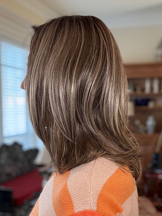 Eileen @crazywiglady is wearing MIKA by RENE OF PARIS in color TRES CHOCOLATE R | Carefully placed White, Medium, and Dark Chocolate tones completed with a Dark Brown Root. This color is perfect for both Blond and Brown enthusiasts