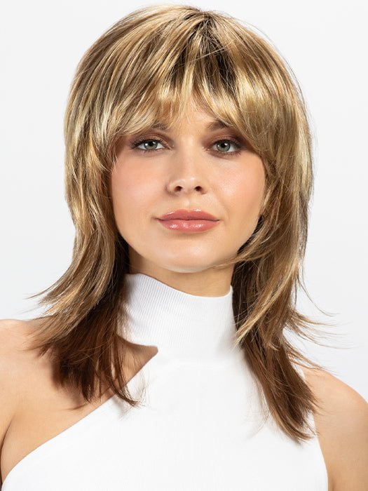 MIRANDA by Envy in GOLDEN NUTMEG | Medium Brown roots with overall Warm Cinnamon base and Golden Blonde Highlights