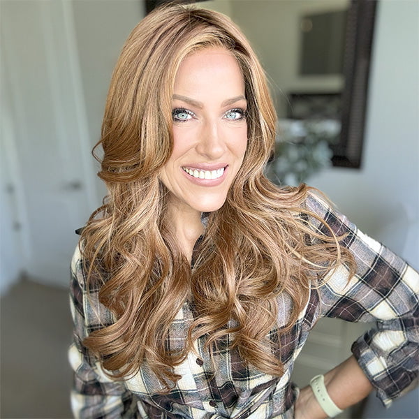 Music by Ellen Wille wig in shade Cinnamon Brown Rooted red wig