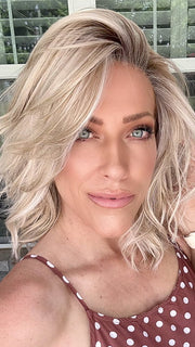 Kristyna Moore @kristynamoore wearing MODENA by BELLE TRESS in color CRUSHED ALMOND BLONDE R | A soft Neutral Light Blonde with a Light and Medium Blended Root Color