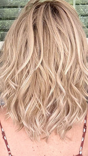 Kristyna Moore @kristynamoore wearing MODENA by BELLE TRESS in color CRUSHED ALMOND BLONDE R | A soft Neutral Light Blonde with a Light and Medium Blended Root Color