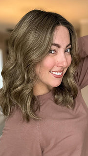 Jen Brown @being_mrs_brown wearing MOLLY by ENVY in color HONEY BREEZE | A blend of Cool, Honey Blonde and Multi-Dimensional Medium Brown with Darker Brown Roots
